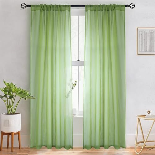 BUHUA Gardinen Vorhänge Leinenvorhang mit Kräuselband Transparent Schiebevorhänge Voile Halbtransparent Wohnzimmer Schlafzimmer Küche 2er Set H 245 x B 132cm Grün