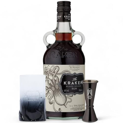Kraken Black Spiced Rum Glass & Jigger Bundle 70cl – 1x70cl Kraken Spiced Rum, Branded Kraken Glass & Secret Bottle Shop Jigger - Rum Gifts, Rum Deals