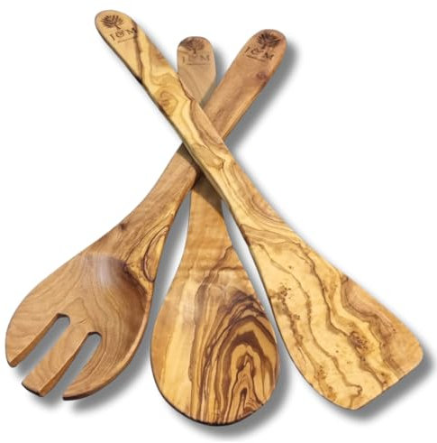 Handcrafted Olive Wood Kitchen Utensil Set of 3, 30 cm - Cooking Spatula, Spoon, Slotted Turner