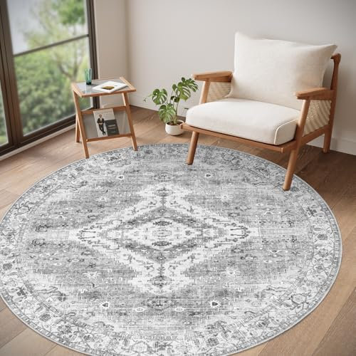 Homcomodar Teppich Rund 160cm Vintage Runder Teppich Wohnzimmer Waschbarer Kurzflor Teppiche Schlafzimmer für Wohnzimmer Kinderzimmer(Grau)