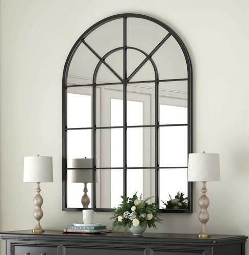 Espejo de pared decorativo en forma de arco, 30 x 42 pulgadas, espejo de ventana arqueado para montaje en pared para entrada, tocador de baño, sala de estar o dormitorio, marco de hierro, color negro