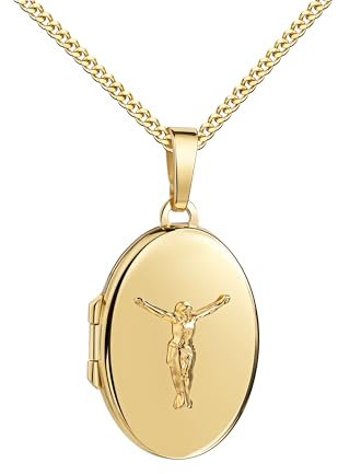 Medaillonanhänger Foto Medaillon JESUS für 2 Bilder 333 Gold Bild Amulett zum Öffnen für Damen mit Kette und Schmuck-Etui. Mit hochwertiger Schmuck-Kette 925 Silber vergoldet - Kettenlänge 70 cm.