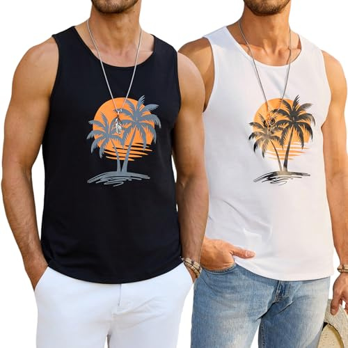 Terecey Tank Top Herren Ärmelloses Shirt Muskelshirt mit Print Palmen Beach Baumwolle Atmungsaktive Tankshirt Sommer Fitness Training Unterhemden S-XXL