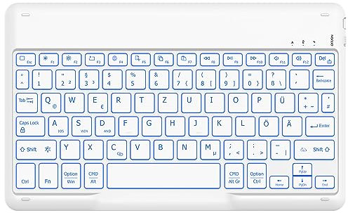 EasyAcc Bluetooth-Tastatur, Kabellose Bluetooth-Tastatur kompatibel mit Windows/Android/iOS Tablet (iPad A16 11/10.2/10.9, iPad Pro/Air), mit Hintergrundbeleuchtung QWERTZ Deutsches Layout, Hellweiß