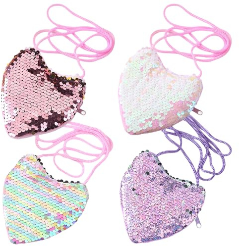 Kinder Portemonnaie Mädchen, 4 Stück Mitgebsel Kindergeburtstag Mädchen, Pailletten Herz Geldbörse, Mini Brieftasche Crossbody Taschen Brieftasche kleine Geldbörse