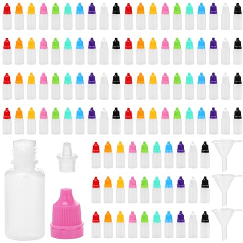 MOUYAT 250 PCS 10ml Plastic Dropper Bottles with Funnels, Clear Empty Squeezable Drop Bottle with 10 Colorful Caps, 10ml Dropper Bottles for DIY Projects and Liquid Storage