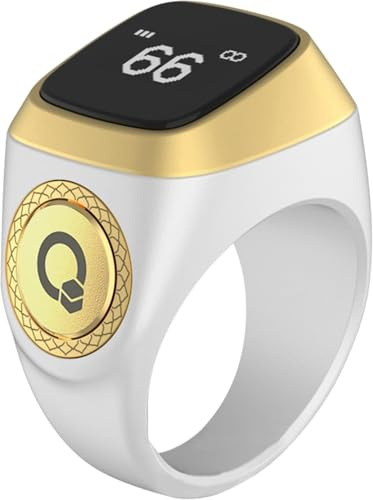 Telawah Al salama Smart Tasbih Zikr Ring, 20 mm Muslim Digital Azan Alarm Clock, Tasbih Counter Smart Ring (White)