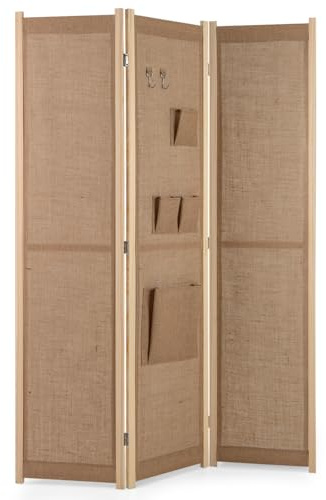 LIFEZEAL Paravent mit 3 Paneelen, 121 x 170 cm Raumtrenner Innenparavent mit Aufbewahrungstaschen und Haken, Faltbarer Raumteiler Kunstleinen für Hause, Büro