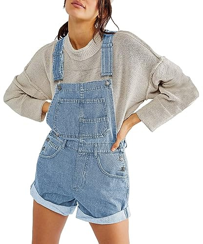 LYSINK Women Denim Bib Overalls Adjustable Straps Pocket Romper Shorts Casual Straight Leg Rolled Cuff Shortalls Romper (Ba Light Blue, 2XL)