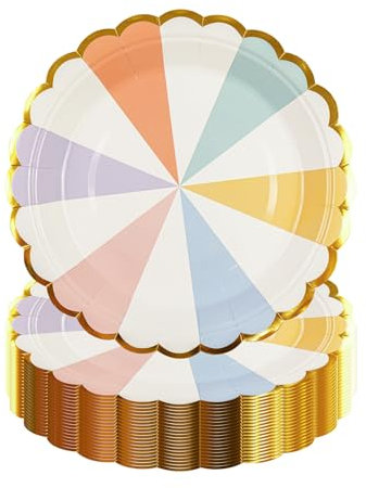 DHAIQC 50 Pcs Colored Party Paper Plates 7-Inch, Disposable Paper Plates with Gold Foil Scalloped Edge, Birthday Party Tableware for Picnic, Happy Birthday, Wedding, Party Supplies (Colored)