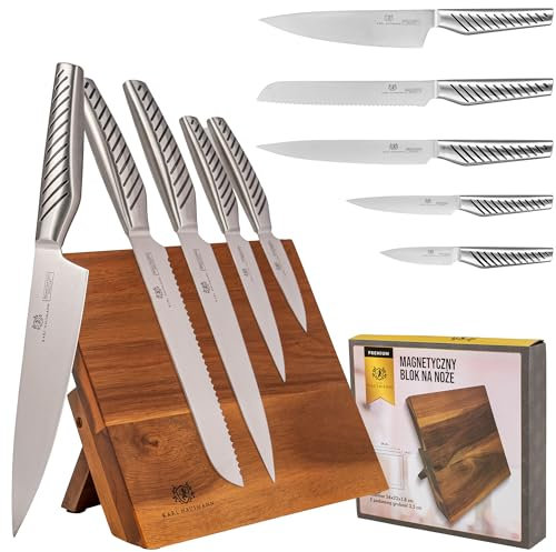 KARL HAUSMANN Messerblock Magnetisch mit Messer - 5 teilig - Magnetischer Messer Block aus Akazienholz - Messer set aus Edelstahl - Kitchen Knife Set - Küchen Messerset - Küchenmesser Block