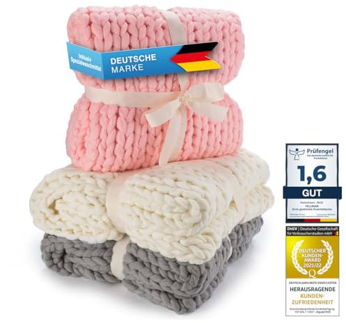 Feluna® Grob gestrickte Kuscheldecke - Grobstrick Wolldecke Strickdecke Tagesdecke Überwurf Decke für Wohnzimmer & Gästezimmer (Blütenrosa)