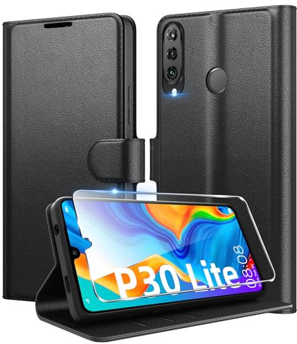 Eirltiy Handyhülle für Huawei P30 Lite Hülle Premium PU Leder, Wallet Kartenfach Standfunktion Schutzhülle Stoßfeste Klapphülle Flip Case mit 1 Schutzfolie Schwarz