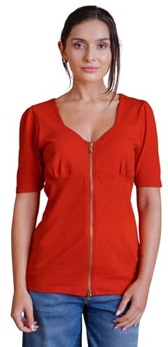 Enorsia Womens Sweetheart Neckline Jersey Top with Slim Fit Puff Sleeves Bust Gathered, Zip Front Blouse for Casual Party or Evening Wear