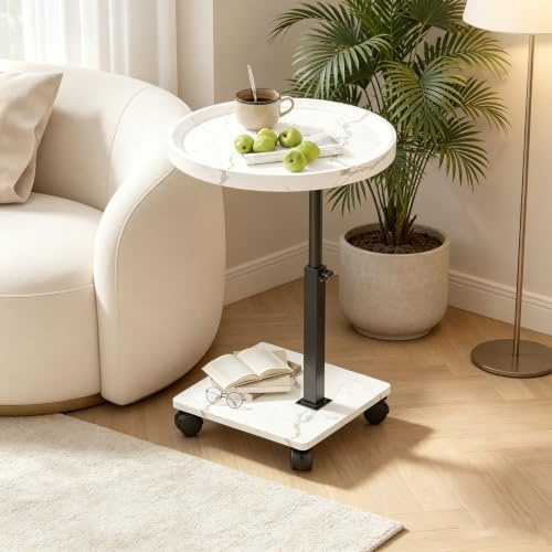 Ztexkee Beistelltisch mit Rollen Kleiner Couchtisch C Form Sofatisch Höhenverstellbar Runder Beistelltisch für Wohnzimmer Weiß