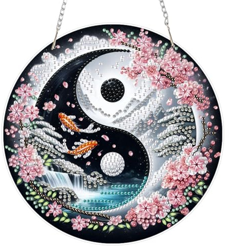 AIRDEA Yin-Yang Koi Diamond Painting Fensterbilder, 5D Brillante Berge Sakura Diamond Painting Fensterbilder Beidseitig, Bausätze für Diamantmalerei Suncatcher Erwachsene