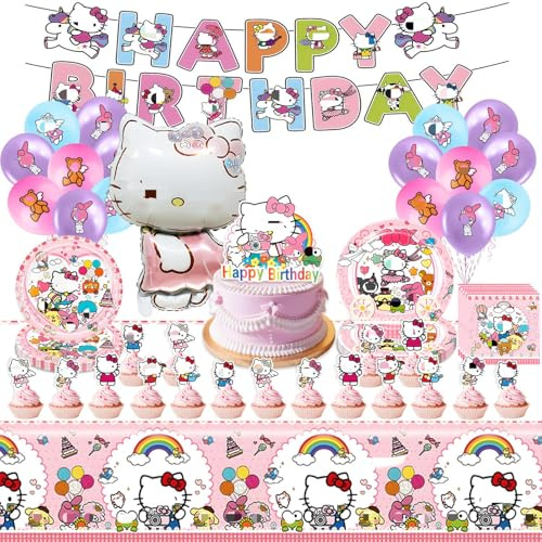 Pappteller Kindergeburtstag Deko,86 Stück Ki-ty Geburtstag Deko,Partygeschirr Geburtstagsdeko Mädchen Rosa Geschirr Party Luftballon Teller Servietten Tischdecke Happy Birthday Banner Tortendeko