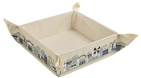Yair Emanuel Matzah Box for Seder - Holder For Passover Bread -Embroidered Folding Basket (Jerusalem - Blue (MB-5))