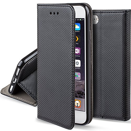 Moozy Coque a Rabat pour iPhone 6s, iPhone 6, Noir - Housse Étui Fin Smart Magnétique avec Porte-Cartes et Support