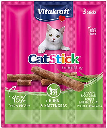 Vitakraft Cat-Stick Mini prelibatezze di pollo/erba per gatto, 3 bastoncini, Confezione da 10 x 18 g
