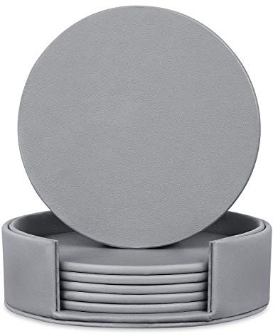 6 Pieces Grey Coasters, Coasters for Drinks with a Holder Cup Mat Pad Protect Furniture from Coffee or Tea Marks(Grey, Round)