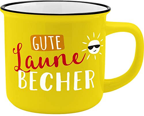 GRUSS & CO Becher Motiv Gute Laune | New Bone China Porzellan, Emaille-Optik, 35 cl | Tasse mit Spruch | 45786, 1 Stück (1er Pack)