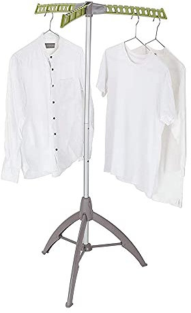 Collapsible Clothes Drying Rack, Portable Garment Racks Indoor, Foldable Standing Laundry Racks for Drying Clothes, Tripod Stand, Hangaway Garment Rack, Steamer Hanger Stand, Green and Grey