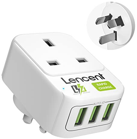 LENCENT UK to Australia China Plug Adapter with 3 USB Ports, Grounded Australian Travel Adapter for Australia New Zealand China Fiji Argentina and more (Type I)