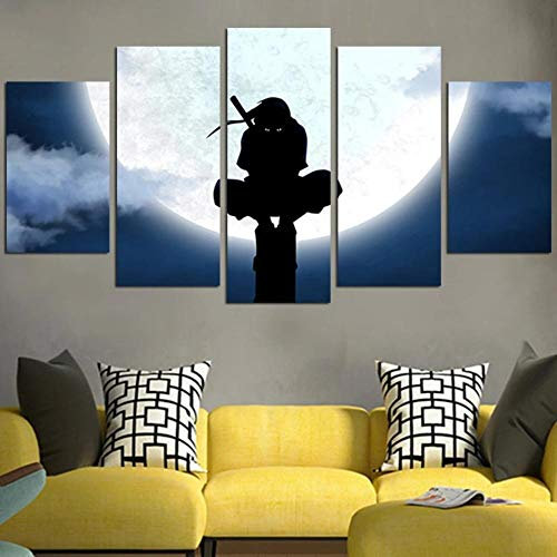 Yywife Bilder XXL 5 Teile wandbild leinwandbilder Kunstdrucke Naruto Ninja Itachi und Mond XXL 5 Teiliges Wandbild Mit Rahmen Größe 150x80CM Leinwandbild Wandbilder Cadeau d'Halloween