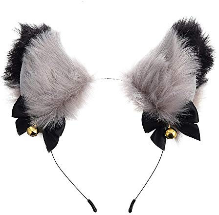 Doeheah Katzenohren Haarreif Fuchsohren Stirnband Neko Ears Haarnadel niedlich Haarschmuck Halloween Kostüm Anime Lolita Cosplay Mädchen Damen und Kinder Grau+Schwarz