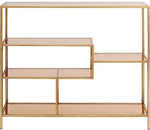 Kare Design Regal Loft, Gold, Schmal, Standregal mit 5 Ablagen, Bücherregal, Aufbewahrungsregal für Wohnzimmer, Arbeitszimmer, Büro, Flur, Sicherheitsglas, Metallgestell, 100x115x30 cm (H/B/T)