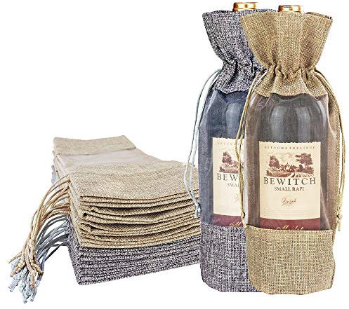 Bocar 12 sacchetti per vino in lino grigio e giallo con chiusura a cordoncino, con finestra in organza, per degustazioni di vino, feste, San Valentino, matrimonio, confezione regalo (WB-Linen Mix 1)