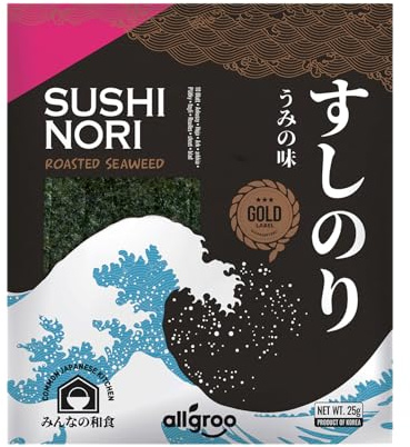 Allgroo Nori Gold Seetang, ganze Blätter, geröstete Seealgen, ideal für Sushi, vegan und glutenfrei, 1 x 25 g mit 10 Blättern