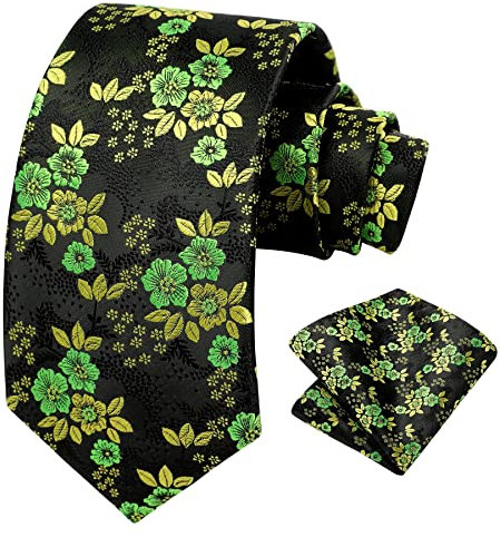 HISDERN Cravate Vert foncé Homme à Fleur Originale Cravates et Pochette Motif Mariage Élégant Ensemble de Cravates Florales d'affaires Fête