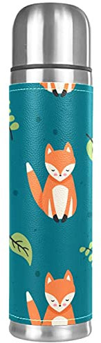 Thermosflasche, Motiv: Cartoon, Fuchs, Ahornblatt-Muster, Vakuum-isolierte Wasserflasche, kompakt, Edelstahl, Kaffee-/Reisebecher, 500 ml