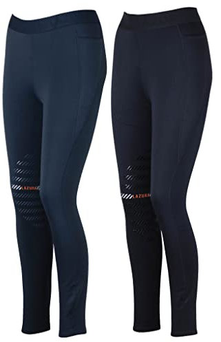 Lazura - Winter Mädchen Reitleggings Anita | Kniebesatz aus Silikon | atmungsaktive Reithose mit 2 seitlichen Handytaschen | Schwarze Kniebesatzreithose | Reitbekleidung in Größe 170/176