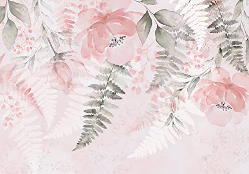 decomonkey Fototapete Aquarell Pflanzen 450x315 cm XXL Design Tapete Fototapeten Vlies Tapeten Wandtapete Moderne Wand Schlafzimmer Wohnzimmer Abstrakt Natur Blumen Rosa Grün Farne