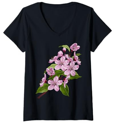 Womens Sakura Spring Flowers Cherry Blossom Tree Japanese Art Print V-Neck T-Shirt