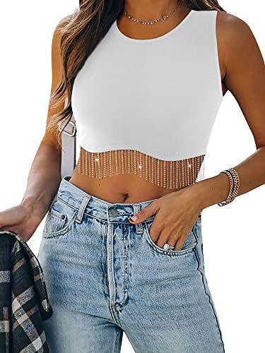 Dresswel Damen Sexy Ärmellos Crop Top Funkelnd Strass Fransen Racerback Y2K Tank Top Rundhals Strick Corset Cropped Tops mit Glitzer Quaste (Ärmellos, Weiß M)