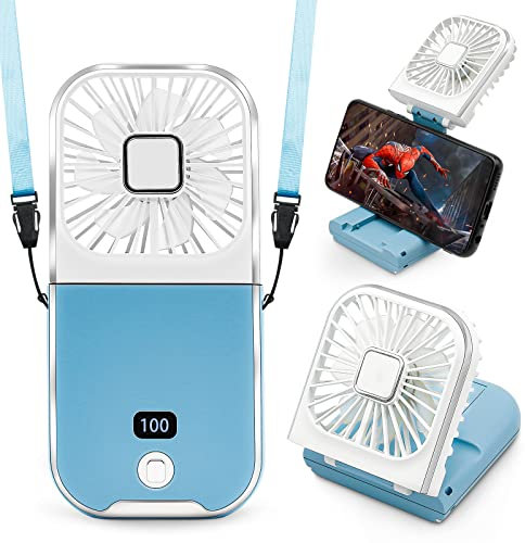 Handheld Fan Rechargeable,Desk Fan Foldable and Portable Hanging Neck Mini Fan,3000 mAh Portable Handheld Usb Rechargeable Fans,Suitable for Outdoor Camping, Travel, Bedroom (White Blue)