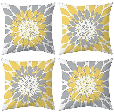 Qahing Lot de 4 housses de coussin carrées décoratives et imperméables pour extérieur, meubles de jardin, canapé, tente, parasol, banc, 50,8 x 50,8 cm, jaune moutarde gris