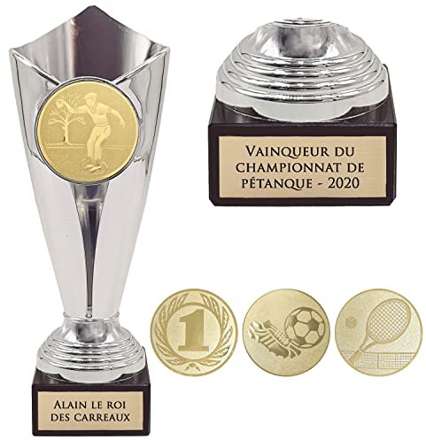 KDO MAGIC - Trophée Personnalisable - Coupe personnalisé avec Gravure - Cadeau fête des pères, noël, Retraite, événement Sportif - Or/Bronze/Argent (Argent, Pétanque)