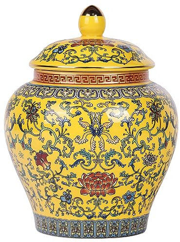 Handgefertigte Emaille-Ingwer-Vase, lebendige Farben, blaue und weiße Porzellan-Keramik, dekoratives Glas mit Deckel für Heimdekoration und Aufbewahrung (allgemeines Gelb)