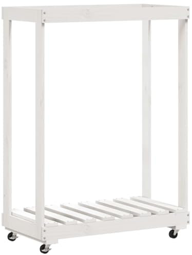 vidaXL Portalegna con Ruote Bianco 76,5x40x108 cm Legno Massello Pino