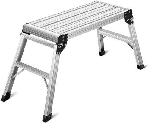 SOARS Plataforma de Trabajo de Aluminio, Banco de Tijera con Capacidad de Carga de hasta 150 Kg, Escalera de Plataforma con Alfombrilla Antideslizante y Cierres de Seguridad, para Casa y Garaje