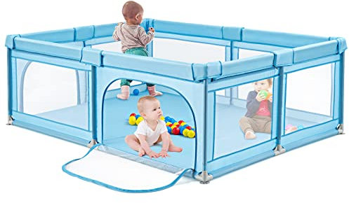 DREAMADE 200 x 140 cm Baby Laufstall, Laufgitter mit 50 Bällen & Tragetasche, Krabbelgitter für Kinder im Innen- & Außenbereich (Blau, ohne Matratze)