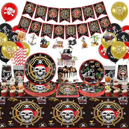 Obussgar Pirate Decorations - Birthday Party Supplies including Banner, Plate, Cake Topper, Cup, Napkin, Balloon, Tablecloth for Pirate Party Decoration (L-B)