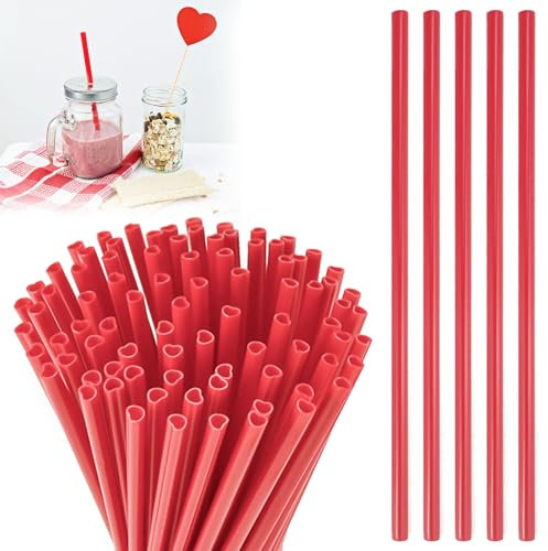 UVVRUR Plastik Strohhalme Herzförmige Trinkhalme 100 Stück Wiederverwendbare Strohhalme Verdickte Trinkhalme Plastik für alle Arten von Smoothie Milchshakes Geburtstagsfeier, Hochzeiten Partys (Red)