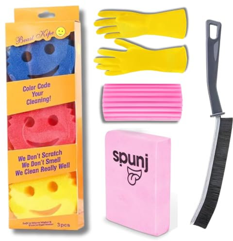 Kevagh Essentials - Includes Spunj Sponge, Pink Damp Duster Sponge, Narrow Gap Brush, Household Cleaning Gloves, and 3 Smiley Face Sponges - Home Cleaning Bundle by Kevagh