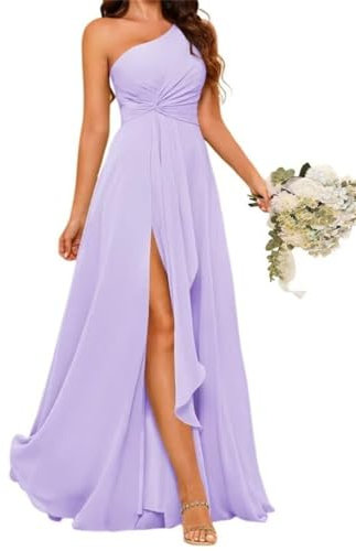 Vestido de dama de honor de princesa con un hombro, plisado, de gasa, formal, vestido de fiesta de noche con abertura, Lila, 36